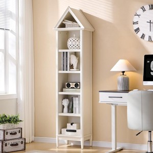Bookshelf with Adjustable Shelves, 75.9" Tall Narrow Bookshelf with Storage, 5 Tiers Open Shelves Bookcase with Triangular Top, White - 1 of 4