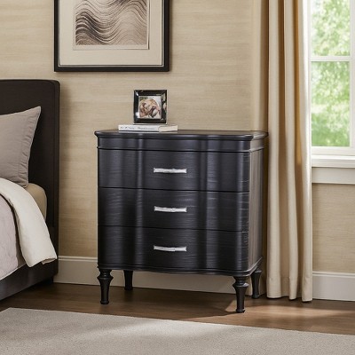 Royal Hampton Nightstand, 3 Drawers, Black Solid Wood, Metal Handles, 28 Inch