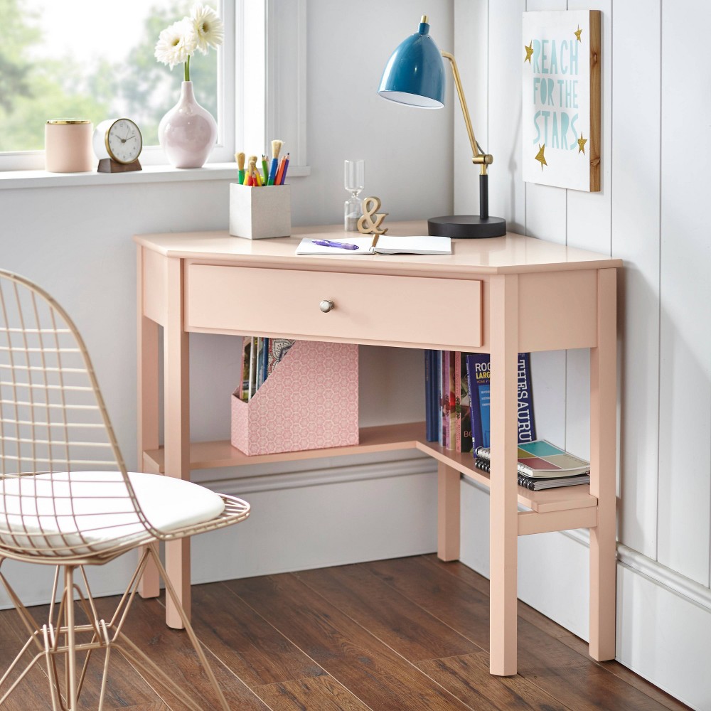 Photos - Office Desk Buylateral Medford Corner Desk with Drawer Blush Pink: Pine Wood, Open Shelving, Compact Design