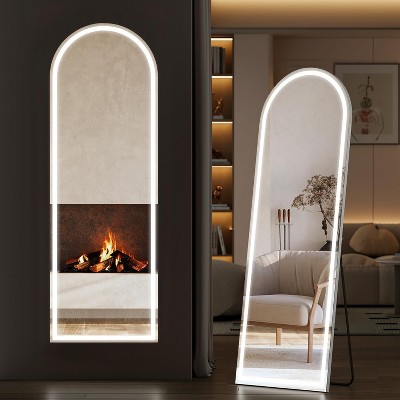 Arched Full Length Mirror with LED Lights, 61"x17" Lighted Floor Mirror with Dimming