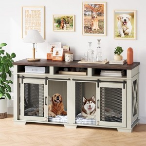71" Double Dog Crate Furniture for 2 Dogs - XL TV Stand with 3 Storage Drawers,Removable Divider & Sliding Barn Door,White+Dark Walnut - 1 of 4
