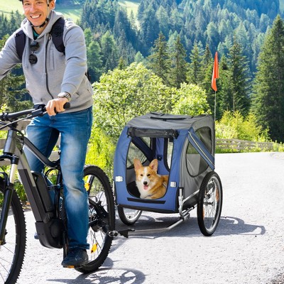 Blue and Gray Mesh Screen Pet Bike Trailer with Large Wheels