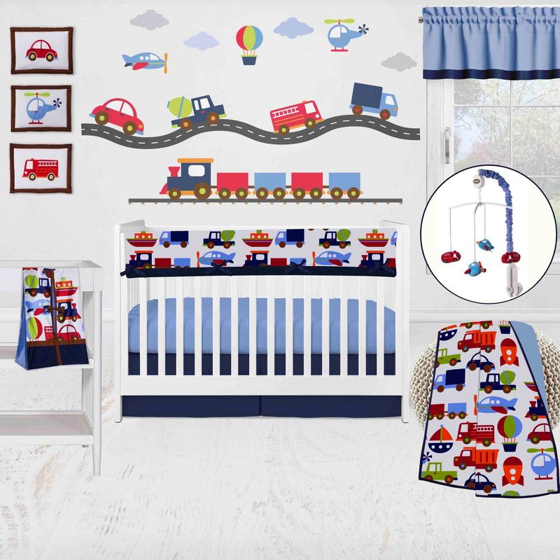 Bacati - Transportation Blue Navy Green Red Orange 10 pc Crib Bedding Set with Long Rail Guard Cover, 1 of 12