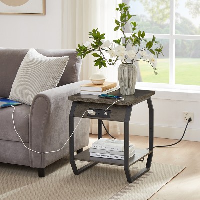 Set of 2 Dark Grey End Tables Side Table with Charging Station for Living Room, Bedroom