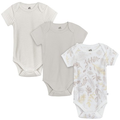 Image of Just Born Baby Neutral Short Sleeve Bodysuits - Natural Leaves - 0-3 Months - 3-Pack