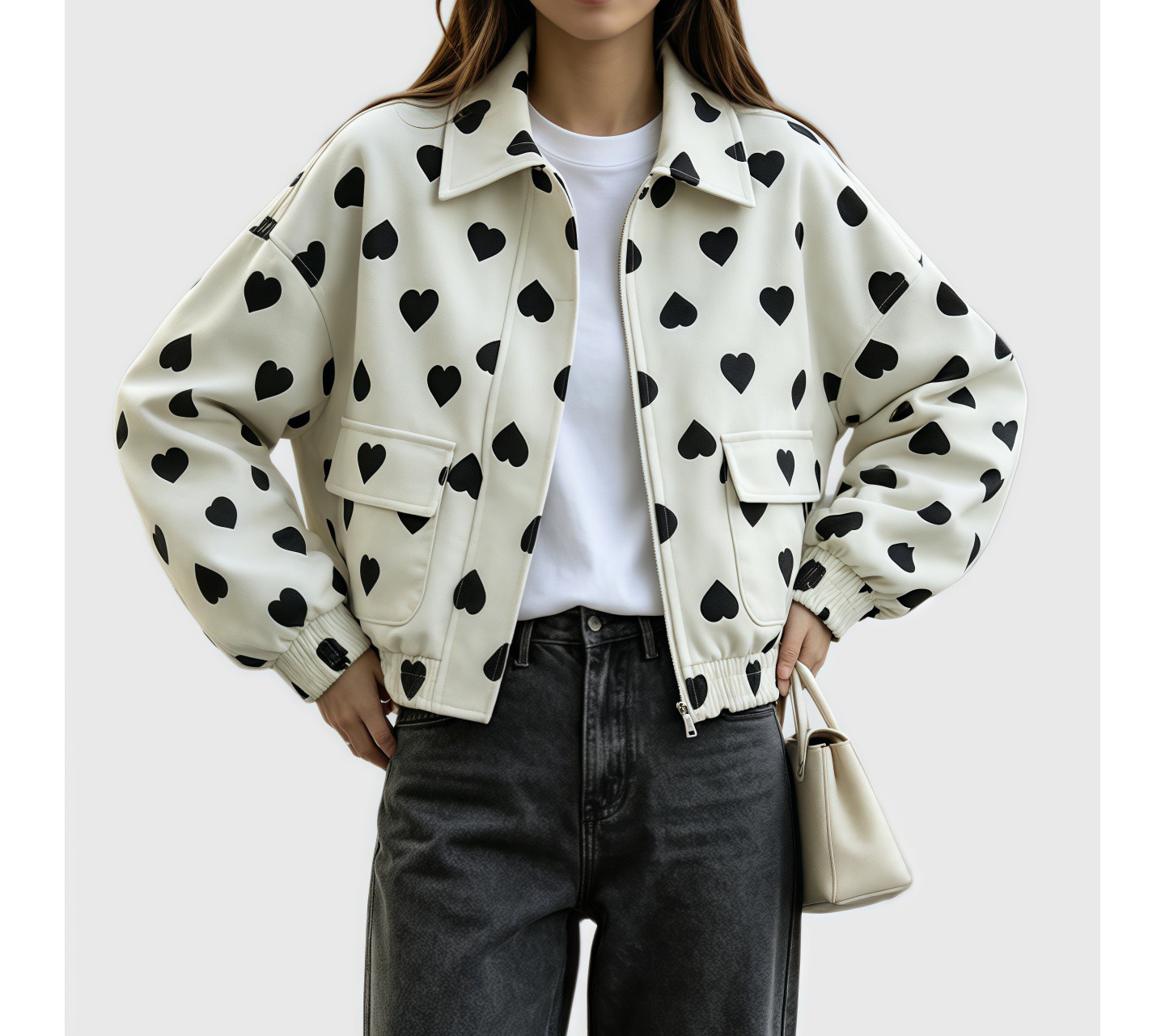 Женская куртка YesFashion Polka Dot Cropped Jacket Collared Lightweight Full Zip Casual Street Outerwear with Pockets Black, цвет: Чёрный — фото 1
