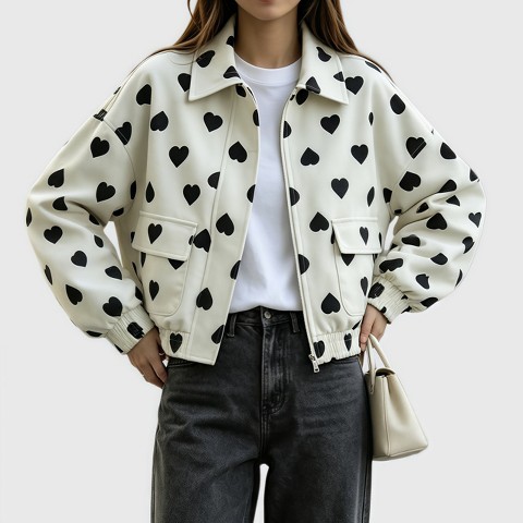 Женская куртка YesFashion Polka Dot Cropped Jacket Collared Lightweight Full Zip Casual Street Outerwear with Pockets Black M, цвет: Чёрный