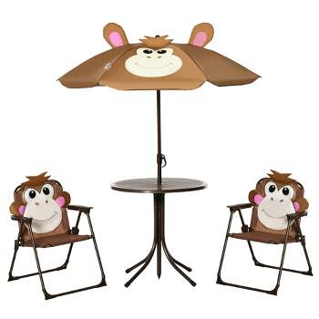 Outsunny Kids Picnic Table and Chair Set, Outdoor Folding Garden Furniture, for Patio Backyard, with Monkey Pattern, Removable & Height Adjustable Sun Umbrella, Aged 3-6 Years Old