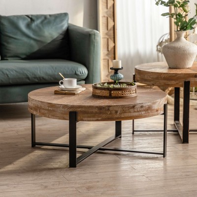 VYNXARIA Modern Round Coffee Table - Carved Pine Top with Golden Metal Legs