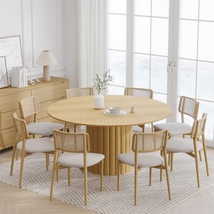 PexFix 60" Solid Wood Round Dining Table Kitchen Table for 6-8 with Tabletop & Textured Cylindrical Base for Living/Dining Room Coffee Office Natural - 1 of 4