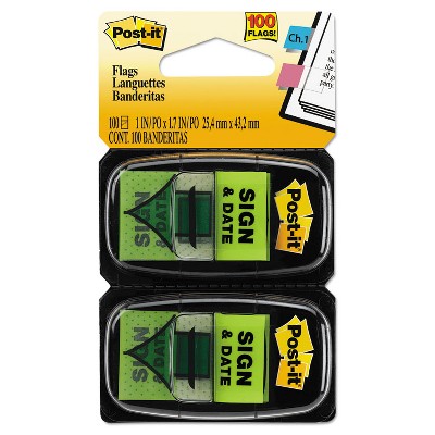 Post-it Arrow Message 1" Page Flags "Sign and Date" Green 2 50-Flag Dispensers/Pack 680SD2