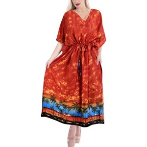 LA LEELA Women's House Daily Routine Evening Wear Loungewear Casual Long Kaftan Cover Up Slit Dress Maxi Dresses Caftans for Women 2X-3X Orange, Tree - 1 of 4
