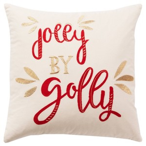 Rizzy Home 20"x20" Oversize 'Jolly by golly' Poly Filled Square Throw Pillow Light Beige: Christmas Embroidery, Indoor Decor - 1 of 4