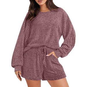 Women's Clothing Set Loose Sportswear Striped Crew Neck Long Sleeve Top Shorts Home Wear Suit - 1 of 4