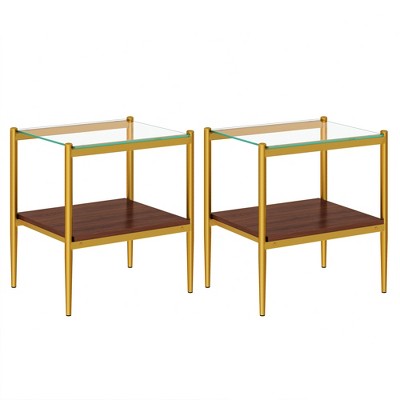 VYNXARIA Set of 2 Rectangle Brown End Table, Tempered Glass Tabletop with MDF layer, Modern Table for Living Room