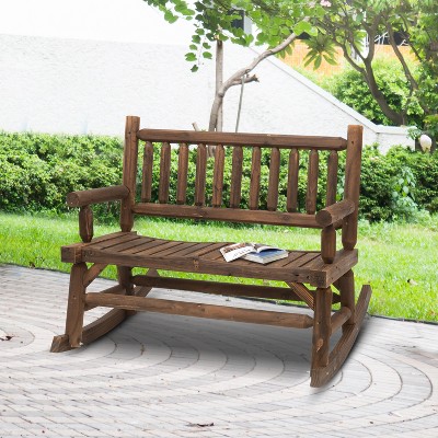 Rustic Dark Wood Fir and Walnut Rocking Loveseat with Arms