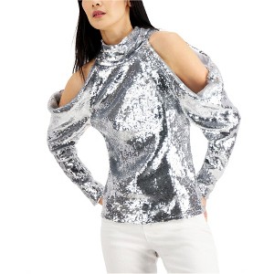I.N.C International Concepts Womens Sequin Cold Shoulder Blouse, Grey, X-Small - 1 of 1