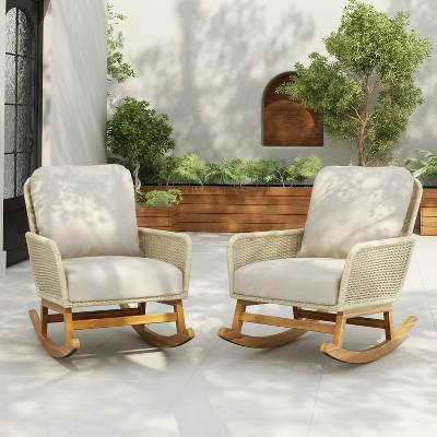 Christopher Knight Home Tamid Outdoor Rustic Wood, Rattan and Metal Rocking Chair with Cushion (Set of 2)