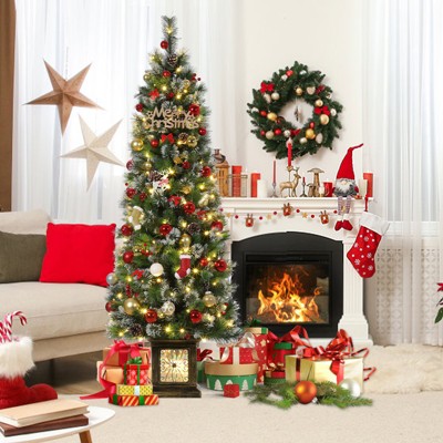 Whizmax 6Ft Potted Christmas Tree with 140 Warm Led Lights, Artificial Christmas Tree, Pencil Tree Sticky Chalk Tree Body, for Front Door, Porch