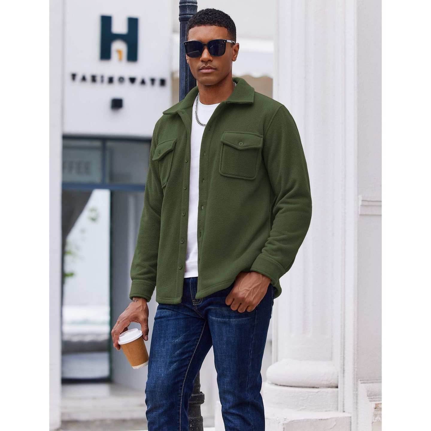 Мужская куртка COOFANDY Casual Shirt Jacket Lightweight Button Down Shacket Fleece Overshirt Army Green, цвет: Зелёный — фото 2