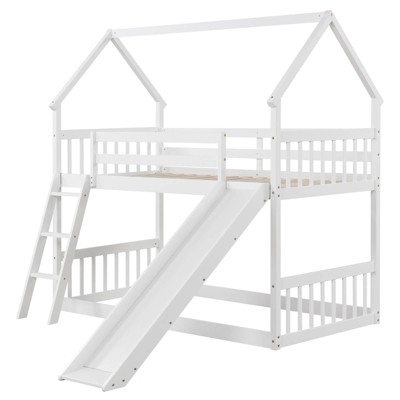 Safstar Twin Over Twin House Bunk Bed with Slide Solid Wood Low Bunk Bed for Kids White