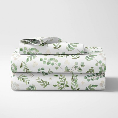 Twin White and Green Microfiber Floral Sheet Set