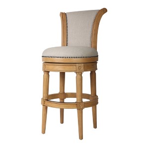 HomeRoots 30" Beige and Natural Fabric and Solid Wood Bar Height Swivel Bar Chair - 1 of 4