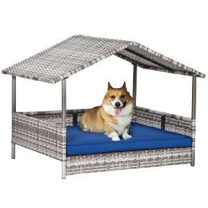 UbMelt Outdoor Dog House with Water-resistant Cushion Large Rattan Puppy Dog Kennel with Canopy - 1 of 4