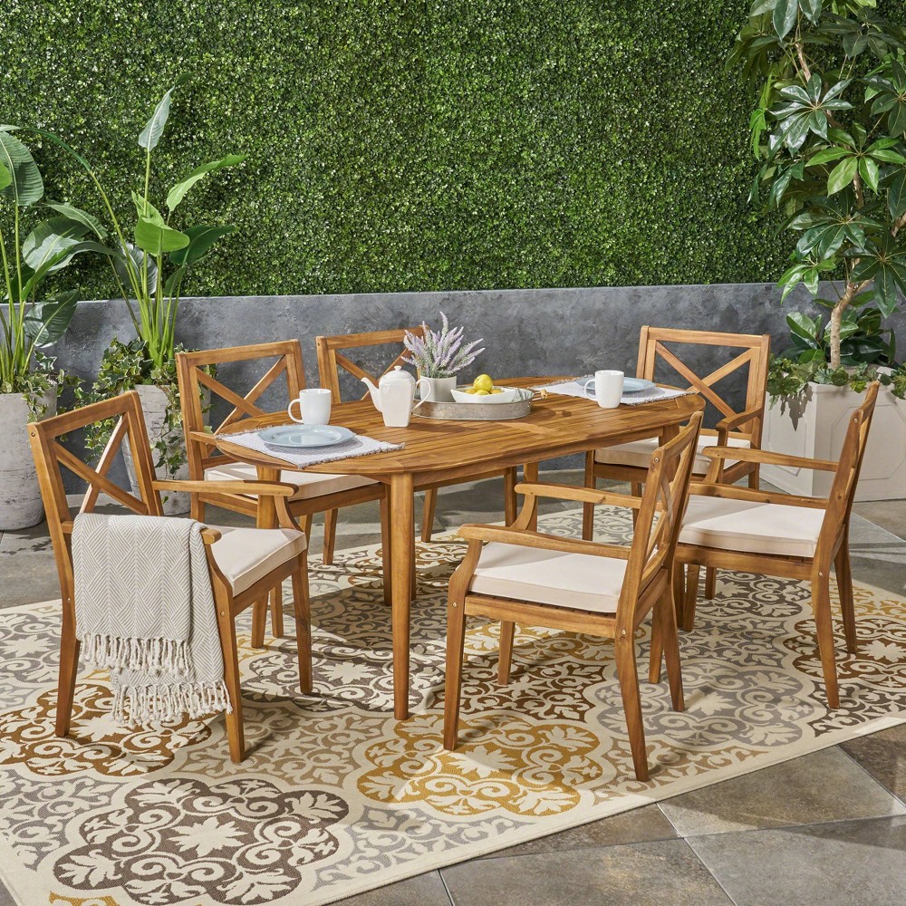 Pines 7pc Acacia Oval Wood Dining Set - Teak/Cream - Christopher Knight Home -  78860722
