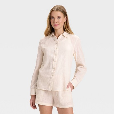 Women's Long Sleeve Gauze Collared Button-Down Shirt - Universal Thread™
