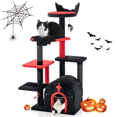 Tangkula Gothic Cat Tree 53" Black Cat Tower with Cat Bed Cat Condo Scratching Posts Spider Pompom & Spring Balls Halloween