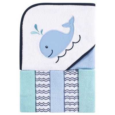 Luvable Friends Baby Boy Hooded Towel with Five Washcloths, Boy Whale, One Size