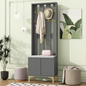 3-In-1 Particle Board Hall Tree Entryway With Bench,Coat Rack With 8 Gold Hooks And Adjustable Shoe Storage,For Hallways,Living Room-Cuddlewood - 1 of 4