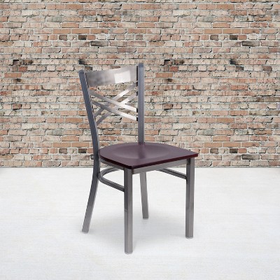 Black and Silver Metal Cross Back Side Chair with Brown Wood Seat