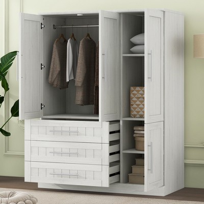 TIRAMISUBEST 4 Door Wardrobe Bedroom Closet with 3 Storage Drawers and Shelves, Wooden Armoire Clothing Organizer with Hanging Rod