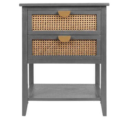 Nightstand Rattan End Table with 2 Drawers Bottom Shelf Bedroom Bedside Table Wood Accent Table with Storage for Living Room Bedroom