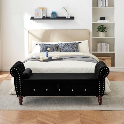 VYNXARIA 63.38"Velvet Multifunctional Storage Rectangular ottoman bench Comes with crystal buckle Solid Wood Legs with 1 Pillow
