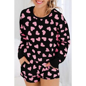 Pink Valentine Heart Shape Print Long Sleeve Top Shorts Lounge Set - 1 of 2