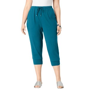 Roaman's Women's Plus Size Drawstring Soft Knit Capri Pant - 1 of 4