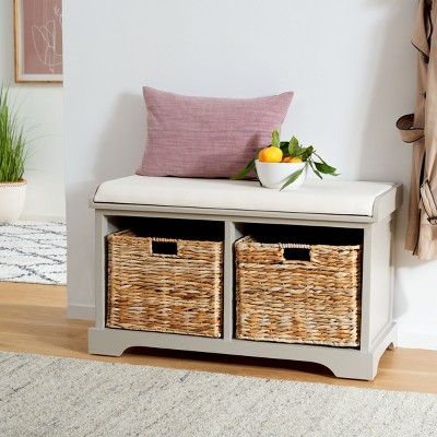 Transitional Vintage Grey Wicker Storage Bench with Linen Cushion