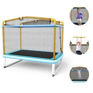 Infans 6FT Rectangle Trampoline with Swing, Mini Kids Trampoline with Net, Horizontal Bar, 2 Way Zippers, Recreational Trampoline for 3+, Blue/Yellow - 1 of 4
