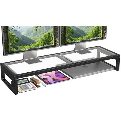 Simple Trending Dual Monitor Stand Riser, Tempered Glass Computer Desk Organizer with Mouse Pad for Laptop, iMac, TV, Black