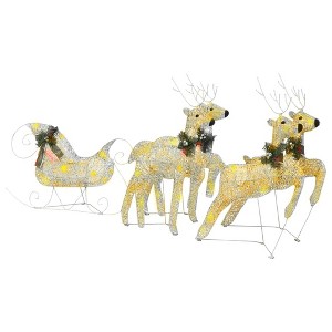 vidaXL Gold Reindeer and Sleigh Christmas Decoration - 100 LEDs, Indoor/Outdoor - All-Weather Mesh, Metal Frame - Multiple Lighting Effects - 1 of 4