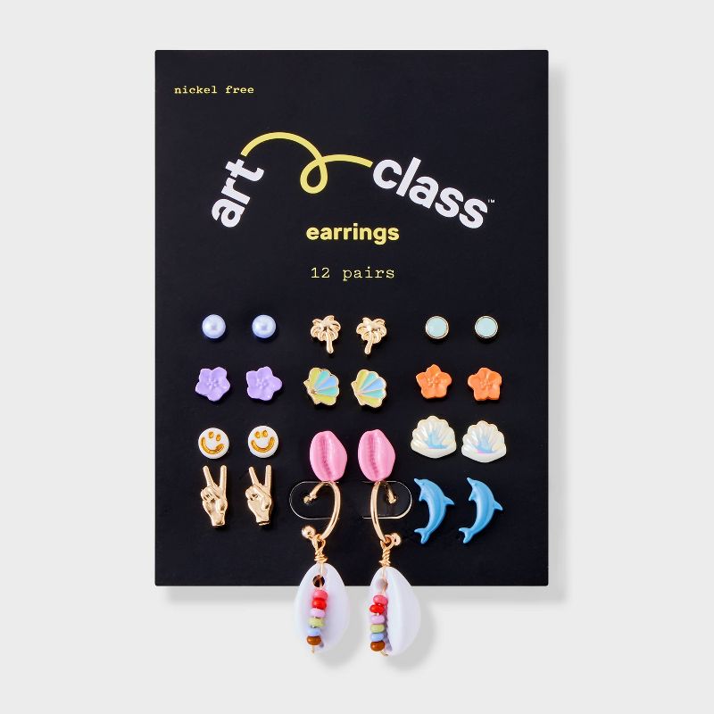 Girls&#39; 12pk Tropical Studs and Shells Earring Set - art class&#8482;, 3 of 5
