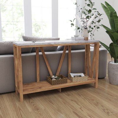 Warm Oak and Concrete Modern Farmhouse Sofa Table with Storage