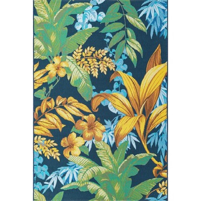 Blue and Green Floral Synthetic Outdoor Rectangular Rug 4' x 6'