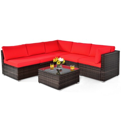 Tangkula 6PCS Wicker Patio Sectional Conversation Furniture Set with Coffee Table & Seat Cushions Navy/Black/Turquoise/Red