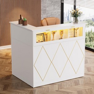PAKASEPT L-Shaped Reception Desk with Lights and Glass Display Shelf, Front Desk with Drawer and Cabinet, Counter Table, White - 1 of 4