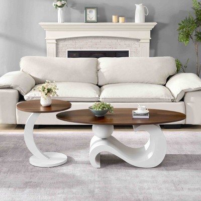 2 Piece Nesting Coffee Table Set,MDF Top and Metal Base Coffee Table with Oval and Round Shape,Coffee Table Set for Modern Living Room-Coolbibila