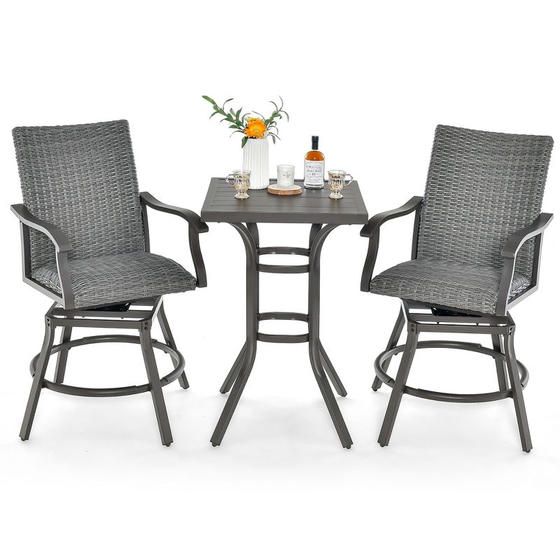 Costway 3PCS Patio Rattan Bar Table Stools Set Aluminum 360° Swivel Chairs with Padded Seat, 1 of 11